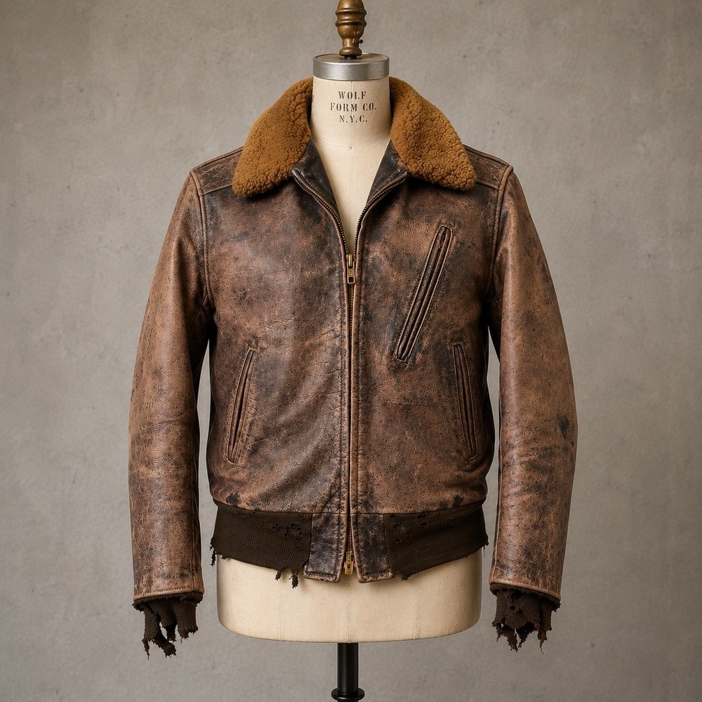 Vintage 40s Horsehide Leather Flight Jacket Talon‎ Zip Mouton Collar 22x22.5